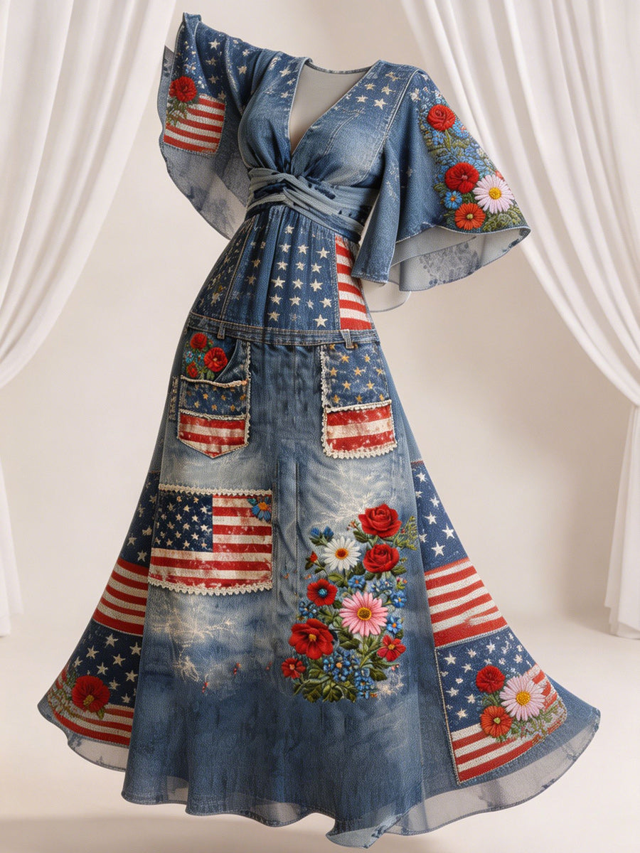 Retro Style Art Printed Elegant V-Neck Vintage Wide-Sleeved Sleeves Maxi Dress